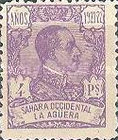 King Alfonso XIII of Spain - Inscription "SAHARA OCCIDENTAL - LA AGUERA", Control Numbers on Back Side — 4Pta, violet