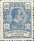 King Alfonso XIII of Spain - Inscription "SAHARA OCCIDENTAL - LA AGUERA", Control Numbers on Back Side — 25C, blue