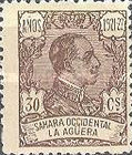 King Alfonso XIII of Spain - Inscription "SAHARA OCCIDENTAL - LA AGUERA", Control Numbers on Back Side — 30C, brown