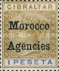 Gibraltar Postage Stamps Overprinted "Morocco Agencies" in Black Colour - Wide "M" — 1Pta, brown/blue