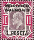 Great Britain Postage Stamps Overprinted "MOROCCO AGENCIES" & Surcharged — 1/10Pta/P, red/purple