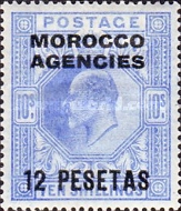 Great Britain Postage Stamps Overprinted "MOROCCO AGENCIES" & Surcharged — 12/10Pta/Sh, blue