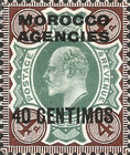 Great Britain Postage Stamps Overprinted "MOROCCO AGENCIES" & Surcharged — 40/4C/P, brown/green
