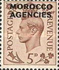 Great Britain Postage Stamps Overprinted "MOROCCO AGENCIES" Horizontally — 5P, sienna