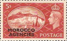 Great Britain Postage Stamps Overprinted "MOROCCO AGENCIES" Horizontally — 5Sh, brownish red