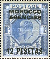 Great Britain Postage Stamps of 1915 Overprinted "MOROCCO AGENCIES" & Surcharged — 3/2´6Pta/Sh´P, brown