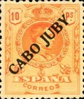 Spanish Stamps Overprinted "CABO JUBY" - Blue Control Numbers on Back Side — 10Pta, orange yellow