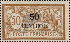French Postage Stamps Surcharged — 50/50C, brown/light blue