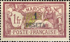 French Postage Stamps Surcharged — 1/1P/Fr, purple red/yellowish green