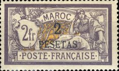 French Postage Stamps Surcharged — 2/2P/Fr, violet/yellow