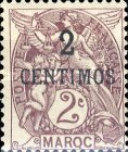 Inscription: "MAROC" - Surcharged — 2/2C, purple brown