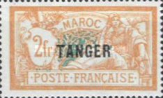 Inscription: "MAROC" - Overprinted "TANGER — 2Fr, orange red/light blue