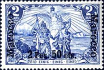 German Empire Postage Stamps Surcharged — 2P50/2P/C/M, dark blue