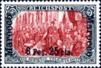 German Empire Postage Stamps Surcharged — 6P25/5P/C/M, black/red