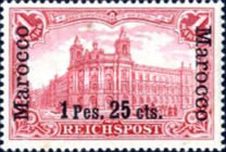 German Empire Postage Stamps Surcharged — 1P25/1P/C/M, red
