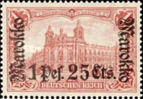 German Empire Postage Stamps Surcharged and Overprinted "Marokko" — 1P25/1P/C/M, red