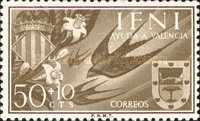 Charity Stamps for Valencia - Barn Swallow & Coat of Arms — 50+10 C, brownish olive, Hirundo rustica