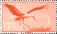 Birds — 1Pts, reddish orange, Ciconia ciconia