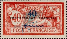 French Post in Morocco Postage Stamps Overprinted "PRETECTORAT FRANCAIS" — 40/40C, red/blue