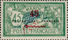 French Post in Morocco Postage Stamps Overprinted "PRETECTORAT FRANCAIS" — 45/45C, green/blue