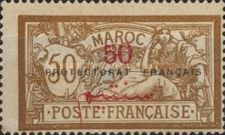 French Post in Morocco Postage Stamps Overprinted "PRETECTORAT FRANCAIS" — 50/50C, brown/blue