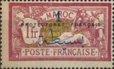 French Post in Morocco Postage Stamps Overprinted "PRETECTORAT FRANCAIS" — 1/1(P/F), purple red/yellow