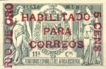 Handstamped "RIO DE ORO - HABILITADO - PARA - CORREOS - 5 CENS" — 5/50C, green, Carmine overprint