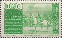 General Franco on Horse - Inscription "SOBRETASA OBLIGATORIA - PRO MUTILADOS AFRICA" — 10C, yellowish green