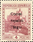 Spanish Postage Stamp Overprinted "CORREO - ESPANOL - TANGER" — 4Pta, purple red